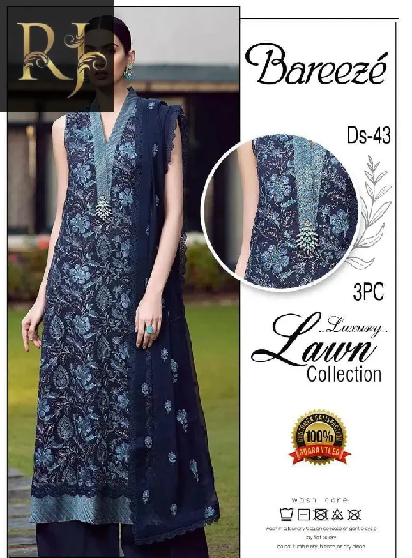 Dark Blue Full Embroidered Women’s Unstitched 3-Piece Lawn Suit By Bareeze